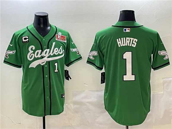 Men%27s Philadelphia Eagles #1 Jalen Hurts Green 2025 Super Bowl LIX And 3-Star C Patch Stitched Baseball Jersey->nfl m&n throwback->NFL Jersey